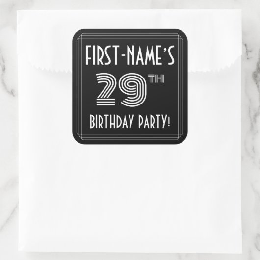 29th Birthday Party:アールデコスタイルと名前をカスタムする スクエアシール (バッグ)