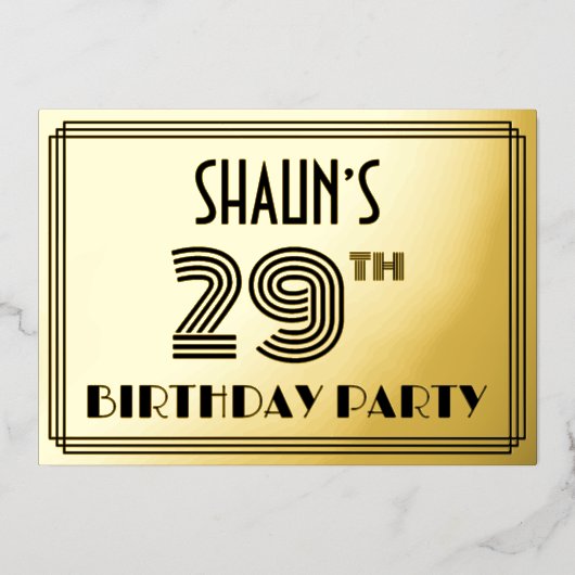 29th Birthday Party —アールデコスタイル「29」 & Name 箔招待状 (正面)