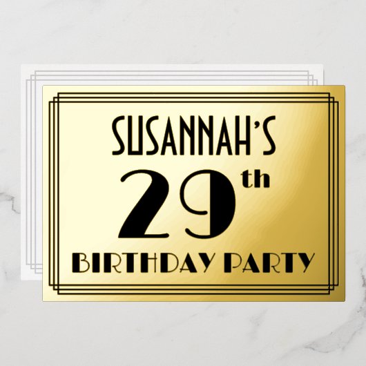 29th Birthday Party —アールデコルック「29」 +名前 箔招待状 (正面/裏面)