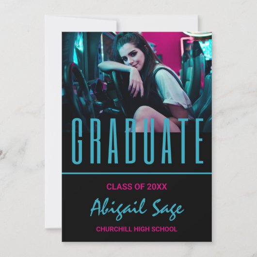 2 フォト トレンディ モダン アクア ピンク ブラック 卒業 招待状 (正面)