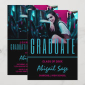 2 フォト トレンディ モダン アクア ピンク ブラック 卒業 招待状 (正面/裏面)