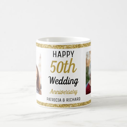 2 モダン写真50th金ゴールド記念日グリッター名 コーヒーマグカップ (中央)