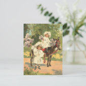 2 人のビクトリア時代の少女が馬に乗る ヴィンテージ ポストカード (スタンド正面)