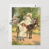 2 人のビクトリア時代の少女が馬に乗る ヴィンテージ ポストカード (正面/裏面)