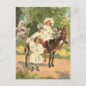 2 人のビクトリア時代の少女が馬に乗る ヴィンテージ ポストカード (正面)