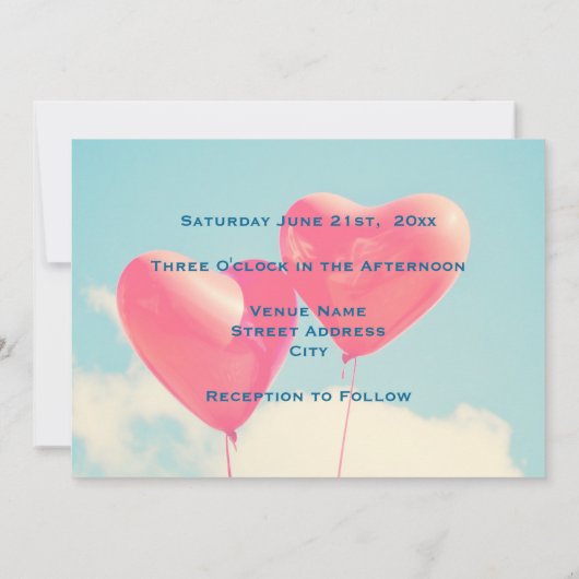 2 個の明るい赤いハート型風船 結婚式 招待状 (裏面)
