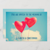 2 個の明るい赤いハート型風船 結婚式 招待状 (正面/裏面)