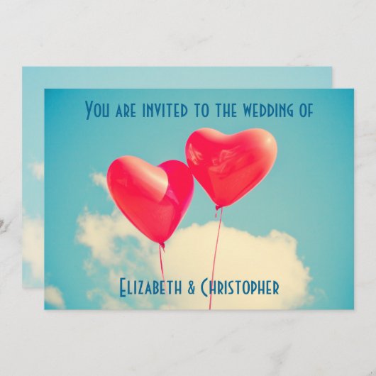 2 個の明るい赤いハート型風船 結婚式 招待状 (正面/裏面)