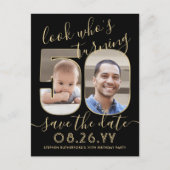 2 写真 誰の 50歳の誕生日 保存日付 ゴールド 案内ポストカード (正面)