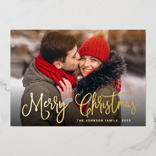 2 枚の写真が輝くモダンなクリスマスグリーティング ゴールド 箔シーズンカード (正面)