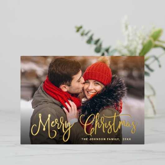 2 枚の写真が輝くモダンなクリスマスグリーティング ゴールド 箔シーズンカード (立ち正面)