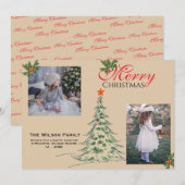 2 枚の写真のクリスマスカード & グリーン ブランチーズ シーズンカード (正面/裏面)