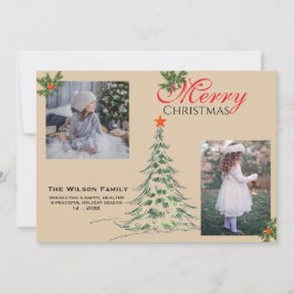 2 枚の写真のクリスマスカード & グリーン ブランチーズ シーズンカード