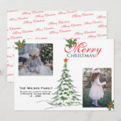 2 枚の写真のクリスマスカード & グリーン ブランチーズ シーズンカード (正面/裏面)