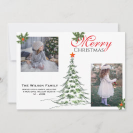 2 枚の写真のクリスマスカード & グリーン ブランチ シーズンカード
