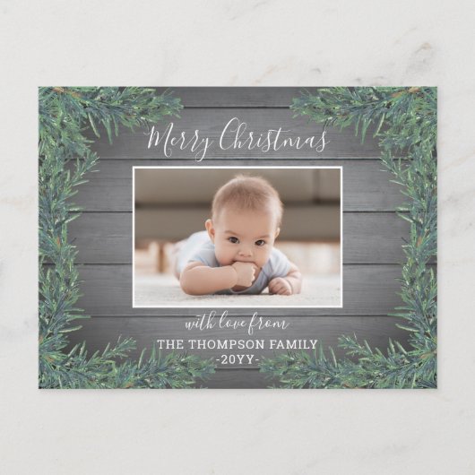 2 枚の写真 クリスマスの緑の植物と素朴な灰色の木 シーズンポストカード (正面)