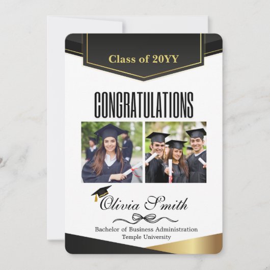 2 枚の卒業写真おめでとう ブラックゴールド シーズンカード (正面)