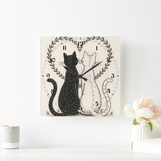 2～3匹の猫がフローラハートに恋をする スクエア壁時計 (ホーム)