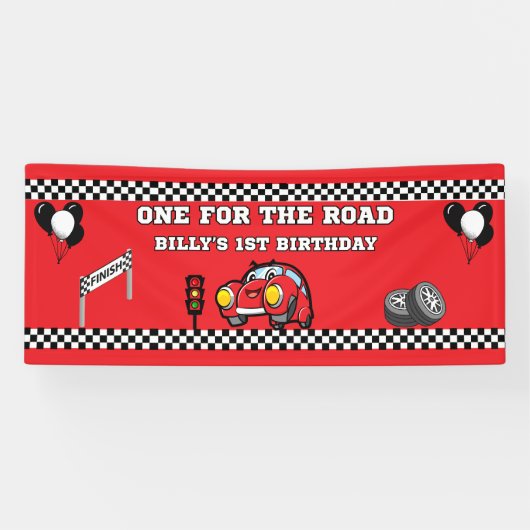 2.5' X 6' 黒 赤 レースカー 男の子 1歳 誕生日 横断幕 (横)