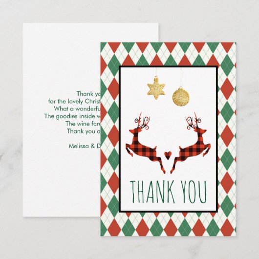 2 Christmas Deer Jumping Thank サンキューカード (正面/裏面)