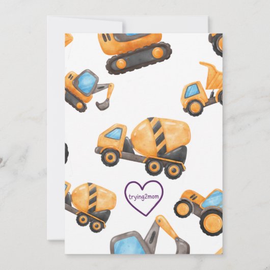 2 & Diggin It, Construction Vehicle 2nd Birthday 招待状 (裏面)