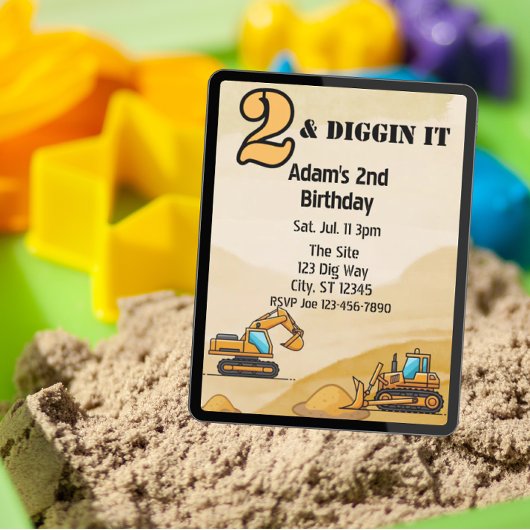 2 & Diggin It, Construction Vehicle 2nd Birthday 招待状