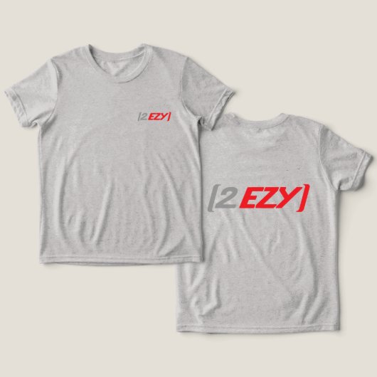 "2 EZY"子供の赤とグレーのロゴが軽いTシャツに トライブレンドＴシャツ (デザイン正面&裏面)