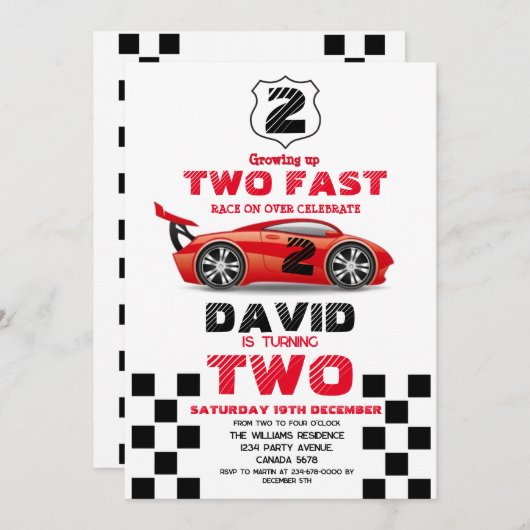 2 Fast Race Red Carをテーマにした誕生日パーティー 招待状 (正面/裏面)
