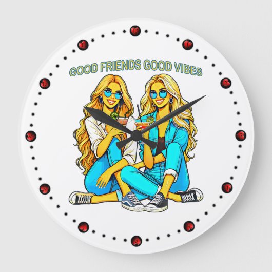 2 Freundinnen Good Friends Good Vibes mit Cocktail ラージ壁時計 (正面)