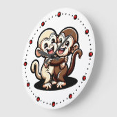 2 Kapuziner Äffchen umarmen sich herzlich Cartoon ラージ壁時計 (傾斜)