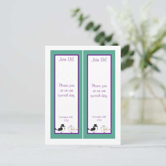 2 Love Birdsティール(緑がかった色)/パープル結婚のブックマーク ポストカード (スタンド正面)