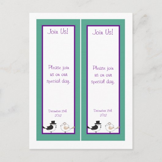 2 Love Birdsティール（緑がかった色）/パープル結婚のブックマーク ポストカード (正面)