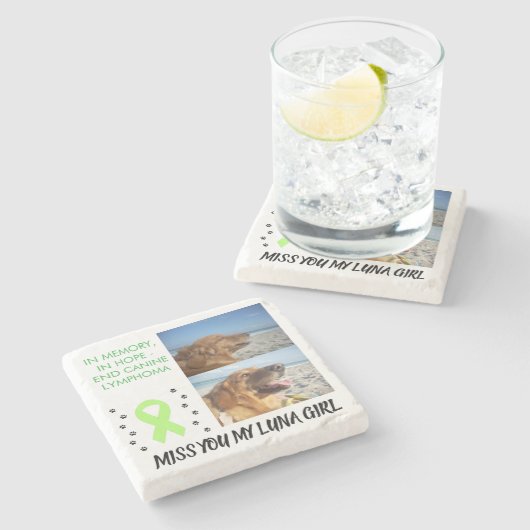 2 Pet Photo Tribute with Awareness Ribbon ストーンコースター (横)