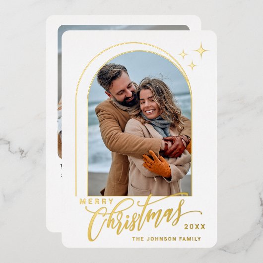 2 PHOTO単に輝くエレガントクリスマス金ゴールド 箔シーズンカード (正面/裏面)