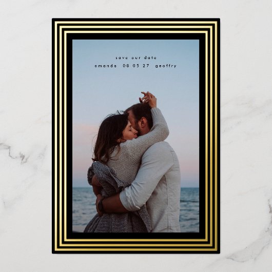 2 photo日付のゴールデンフレーミニマルムを保存 箔招待状 (正面)
