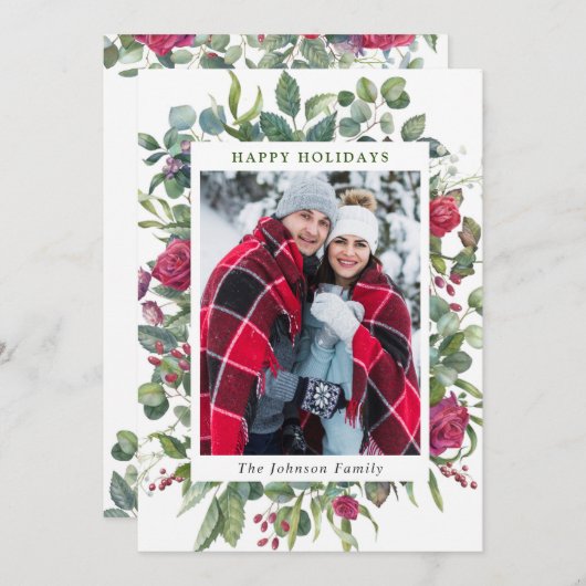 2 PHOTO水彩冬のバラ花クリスマス シーズンカード (正面/裏面)