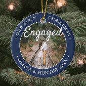2 Photo私たちの初めてのクリスマス婚約したネイビーとホワイト セラミックオーナメント