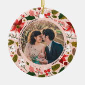 2 Photo私たちの初めてのクリスマス婚約したピンクフローラ セラミックオーナメント (正面)