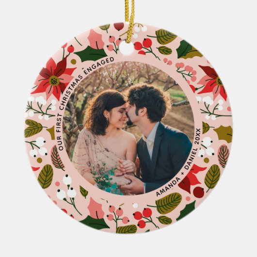 2 Photo私たちの初めてのクリスマス婚約したピンクフローラ セラミックオーナメント (正面)