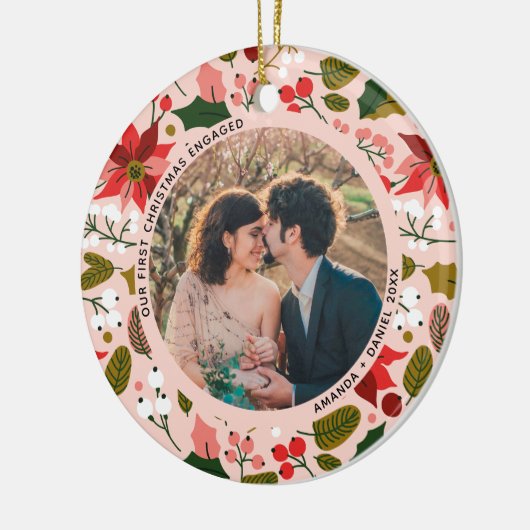 2 Photo私たちの初めてのクリスマス婚約したピンクフローラ セラミックオーナメント