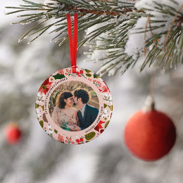 2 Photo私たちの初めてのクリスマス婚約したピンクフローラ セラミックオーナメント