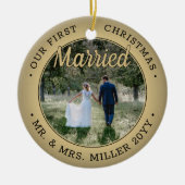 2 Photo私たちの初めてのクリスマス結婚したブラックと金ゴールド セラミックオーナメント (正面)