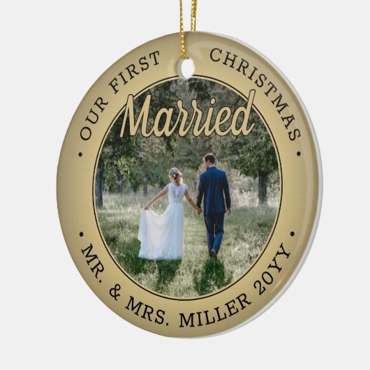 2 Photo私たちの初めてのクリスマス結婚したブラックと金ゴールド セラミックオーナメント (左)