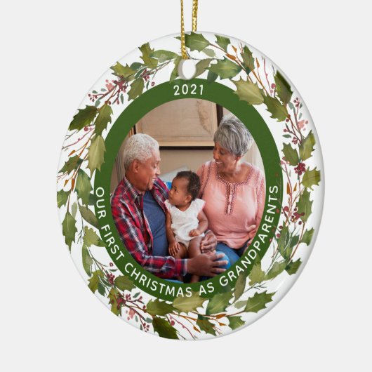 2-Photo私たちの最初のクリスマスとして祖父母リース セラミックオーナメント (左)