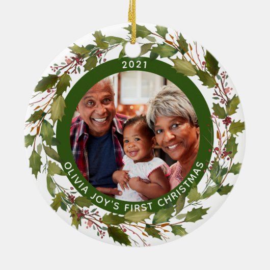 2-Photo私たちの最初のクリスマスとして祖父母リース セラミックオーナメント (裏面)