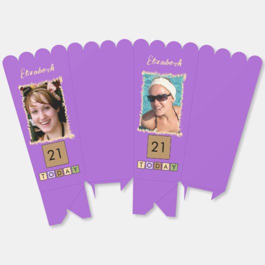 2 photo add name 21st *任意の年齢の紫色のポップコーン フェイバーボックス (見開き)