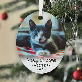 2 Photo Any文字Meowy Christmas Cat シンプル Script メタルオーナメント