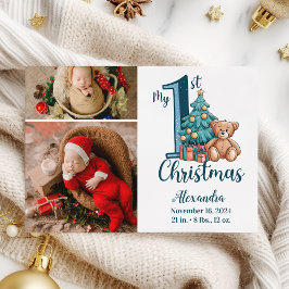 2 Photo Blue Teddy Baby 1st Christmas シーズンカード