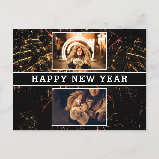 2 Photo Collage Firework Happy New Year 2025 ポストカード (正面)