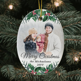 2 Photo Elegant Holly Greenery Merry Christmas セラミックオーナメント
